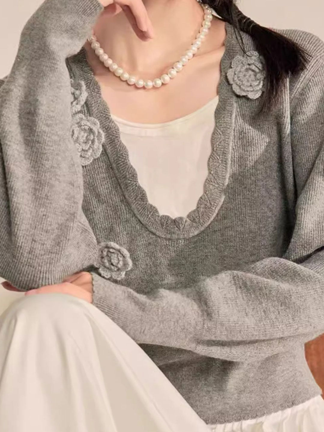 Brianna Elegant V-Neck Flower Knitted Top