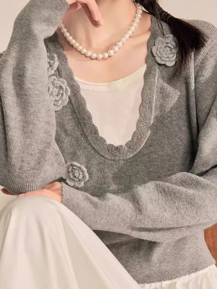 Brianna Elegant V-Neck Flower Knitted Top