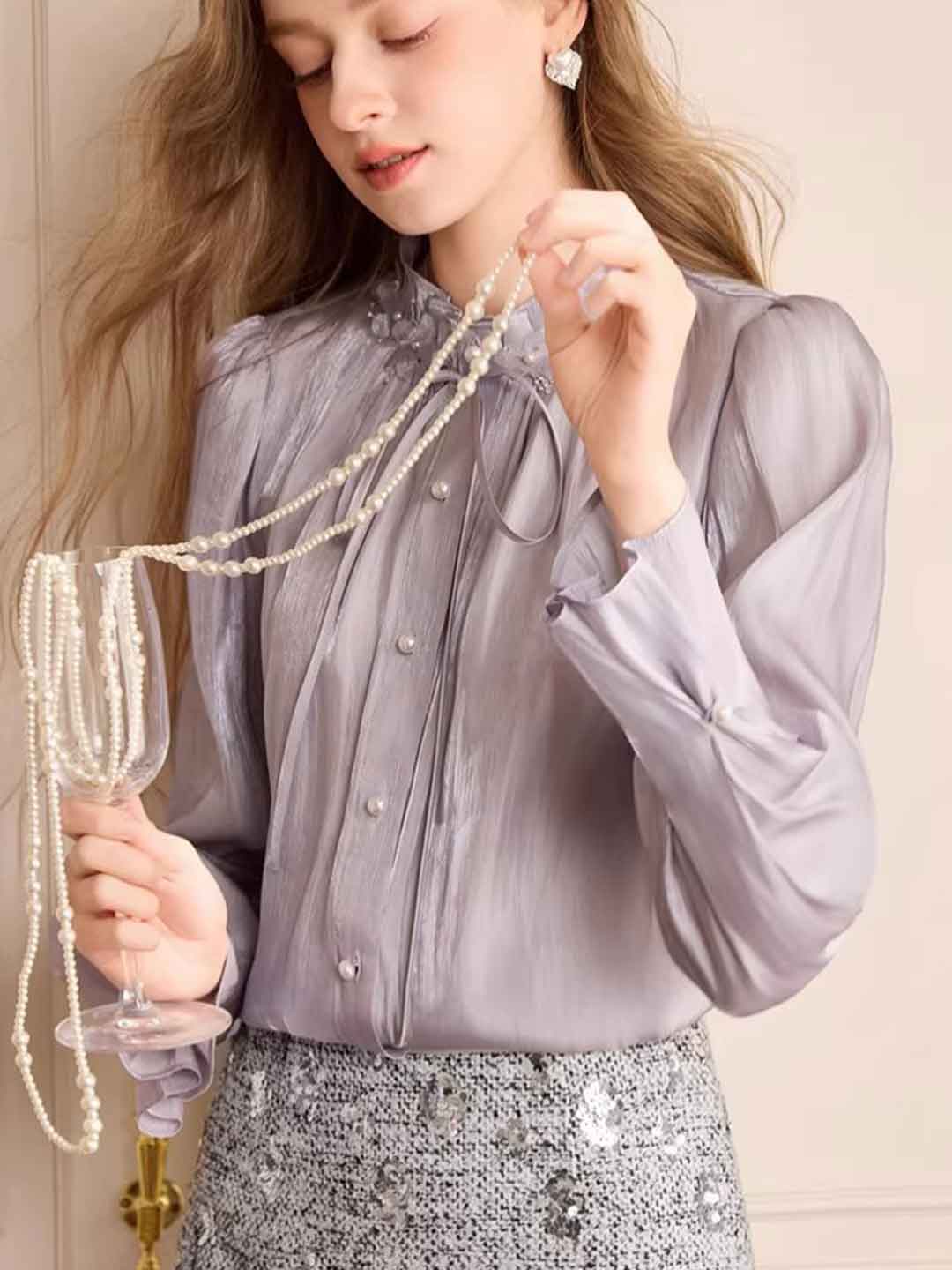 Emily Vintage Stand Collar Flare Sleeve Pleated Shirt