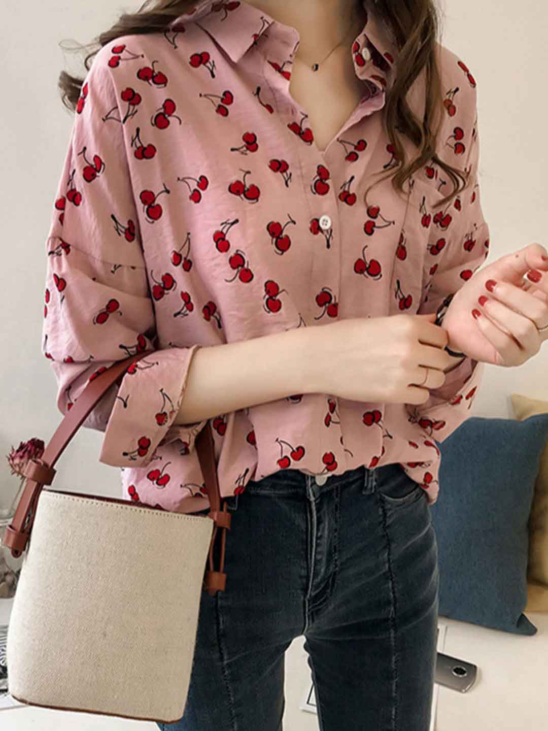 Natalie Classic Lapel Cherry Printed Shirt