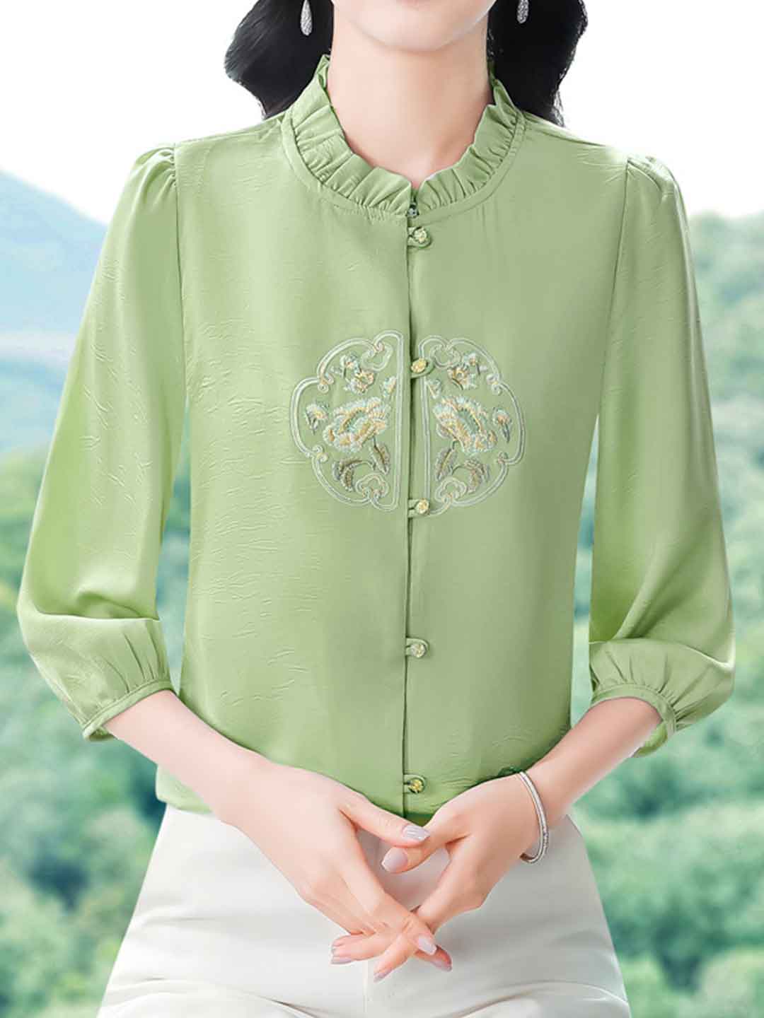 Mariah Loose Crew Neck Lantern Sleeve Auricular Embroidered Top-Purple