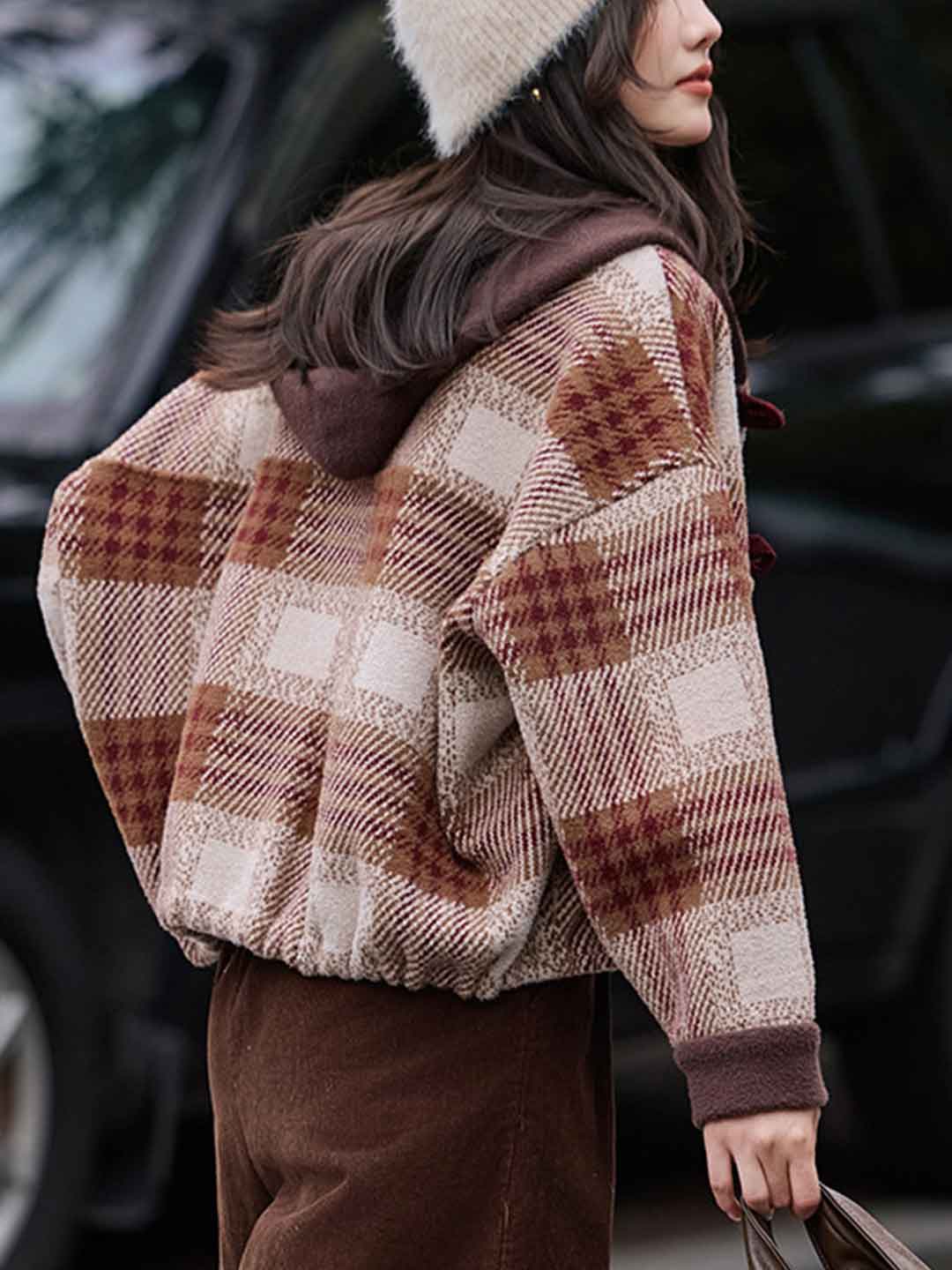 Brianna Casual Color-Blocked Plaid Hooded Top