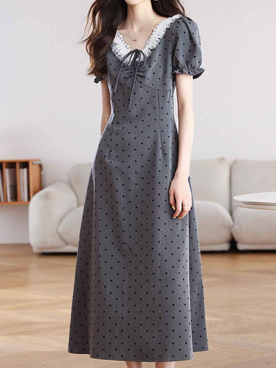 Riley Casual V-Neck Puff Sleeve Polka Dot Dress