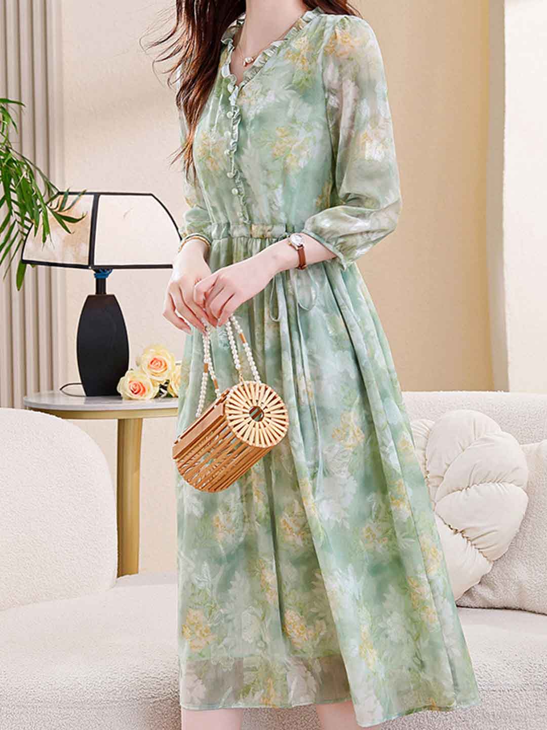 Natalie Vacation Auricular Collar Jacquard Drawstring Dress