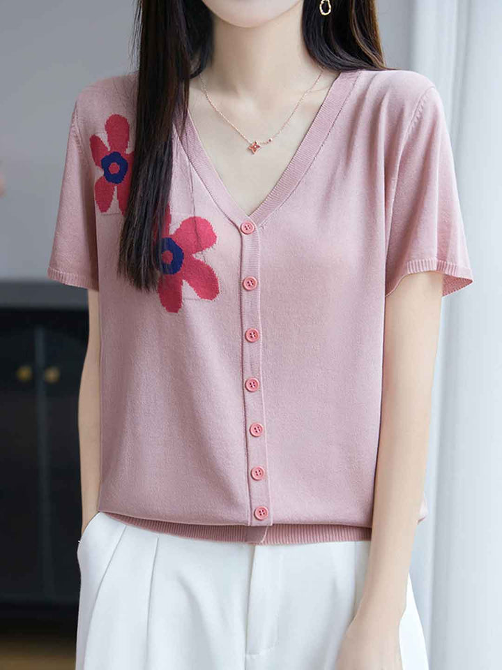 Trinity Loose V-Neck Jacquard Knitted Top
