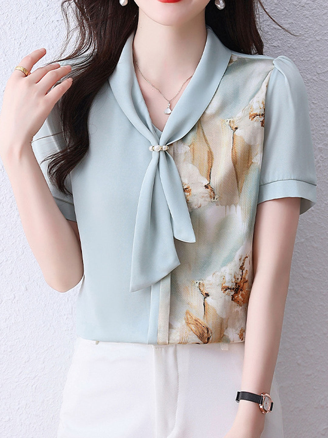 Sophia Daily Bow-Neck Printed Chiffon Top