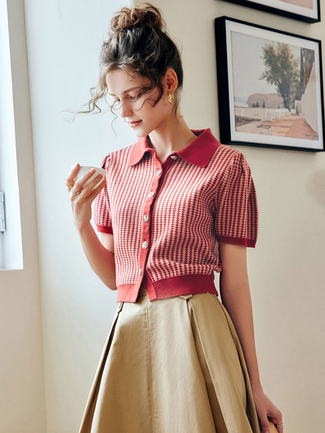 Madison Vintage Diamond Cropped Knitted Cotton Top