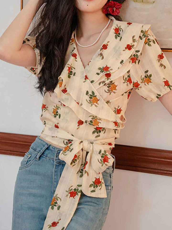 Addison Chic V-neck Waisted Floral Chiffon Top
