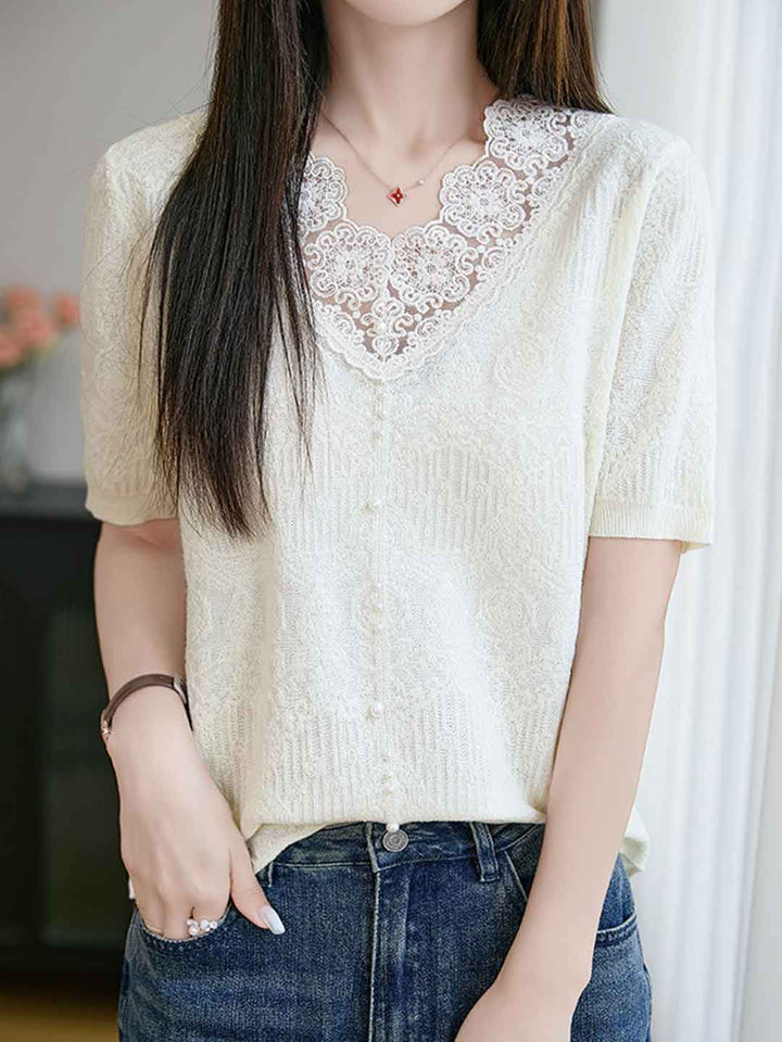 Rachel Casual V-Neck Jacquard Hollowed Knitted Top