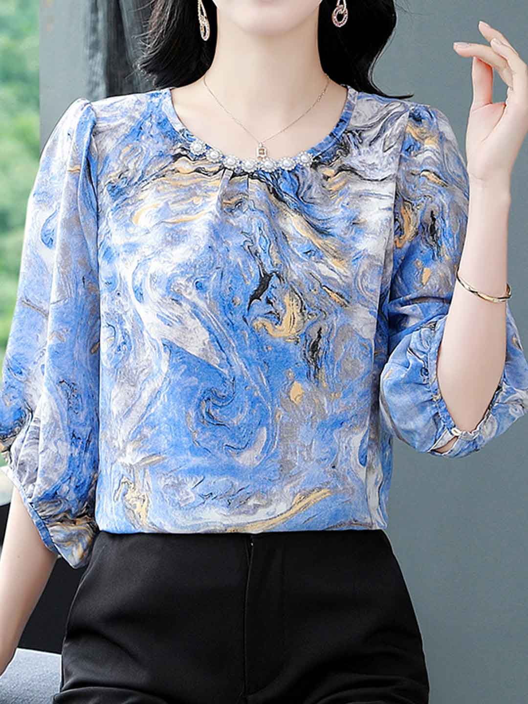 Genesis Vintage Crew Neck Beaded Chiffon Top