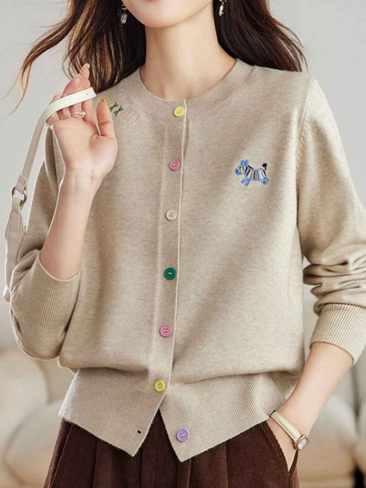 Camila Loose Crew Neck Embroidered Colorful Buttons Knitted Cardigan
