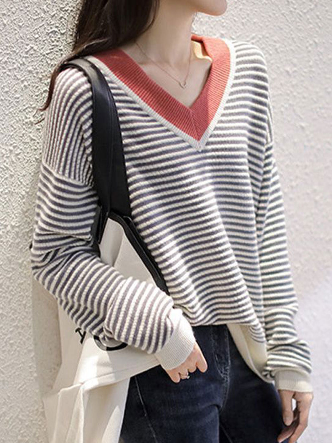 Morgan Casual Color-Blocked Striped Pullover Knitted Top