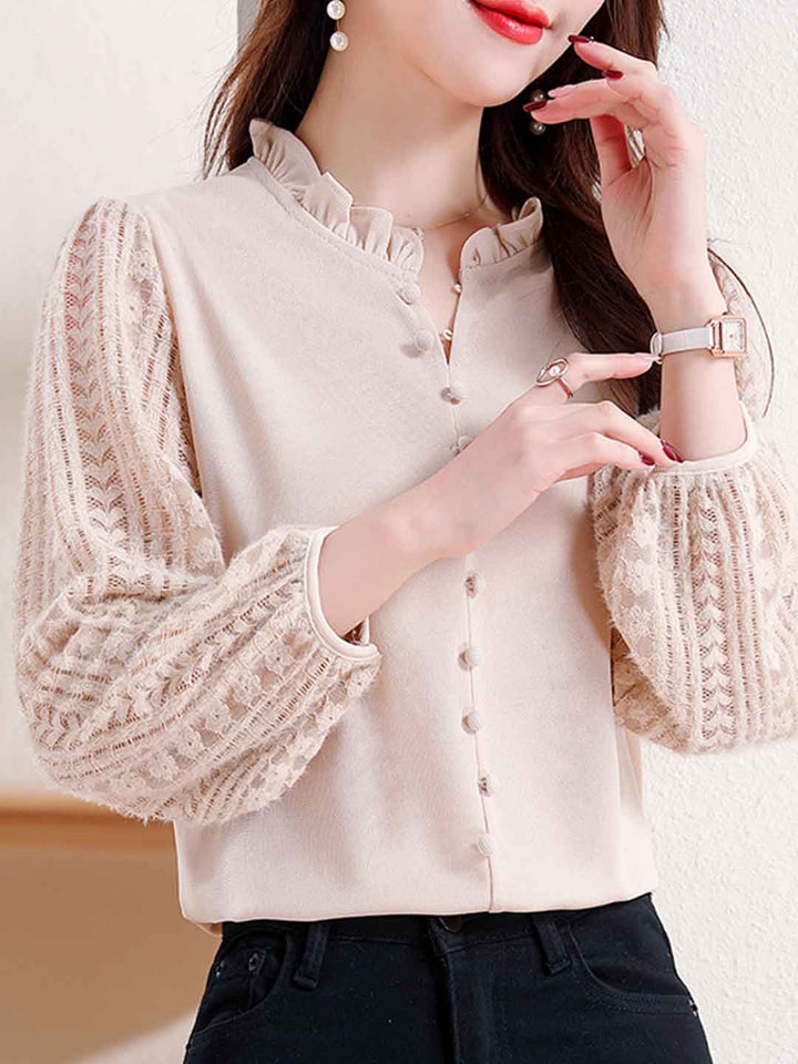 Arianna Loose Ruffle Collar Lantern Sleeve Lace Top