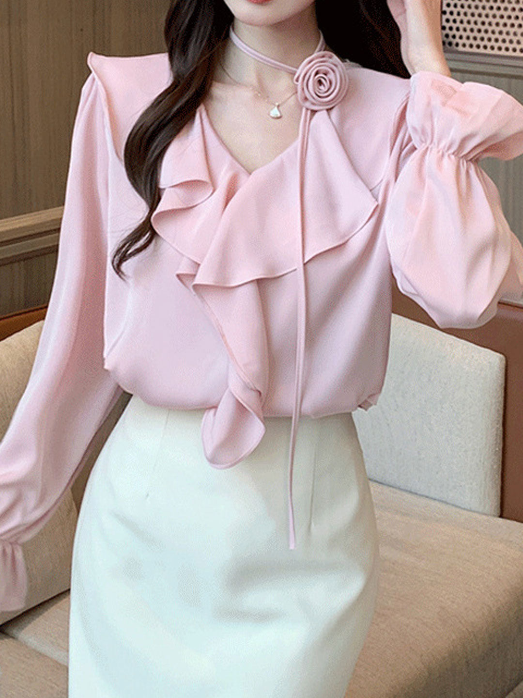Molly Daily V-Neck Flared Sleeve Ruffle Shirt