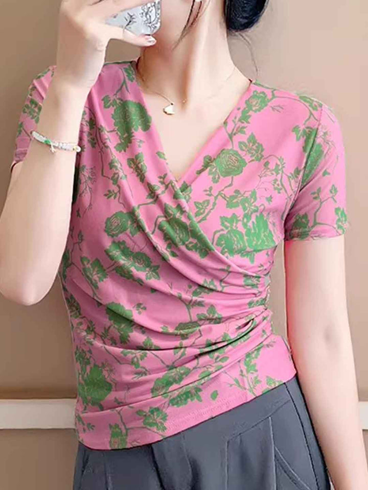 Ava Slim V-Neck Mesh Printed Top