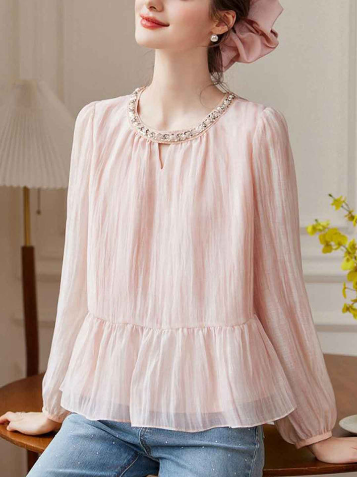 Kayla Retro Crew Neck Ruffled Textured Top