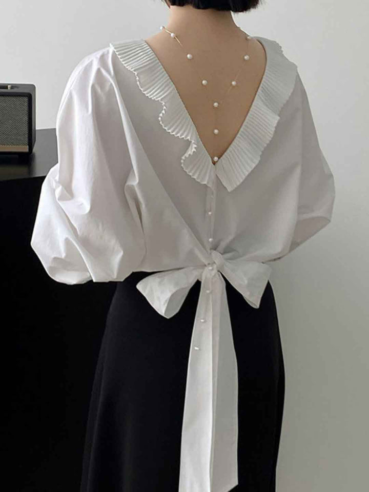 Maya Chic Crew Neck Back Bow Ruffle Tie Top