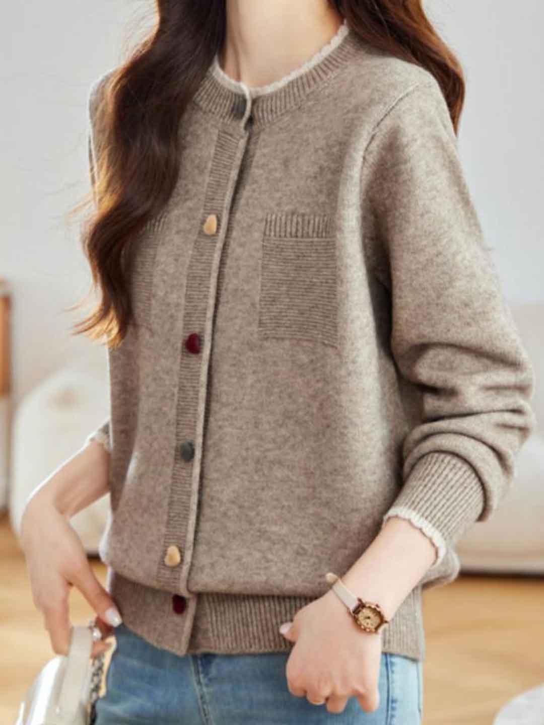 Hailey Daily Crew Neck Colorful Buttons Knitted Cardigan