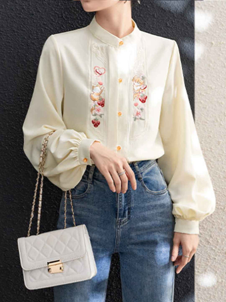 Victoria Classic Stand Collar Lantern Sleeve Embroidered Top