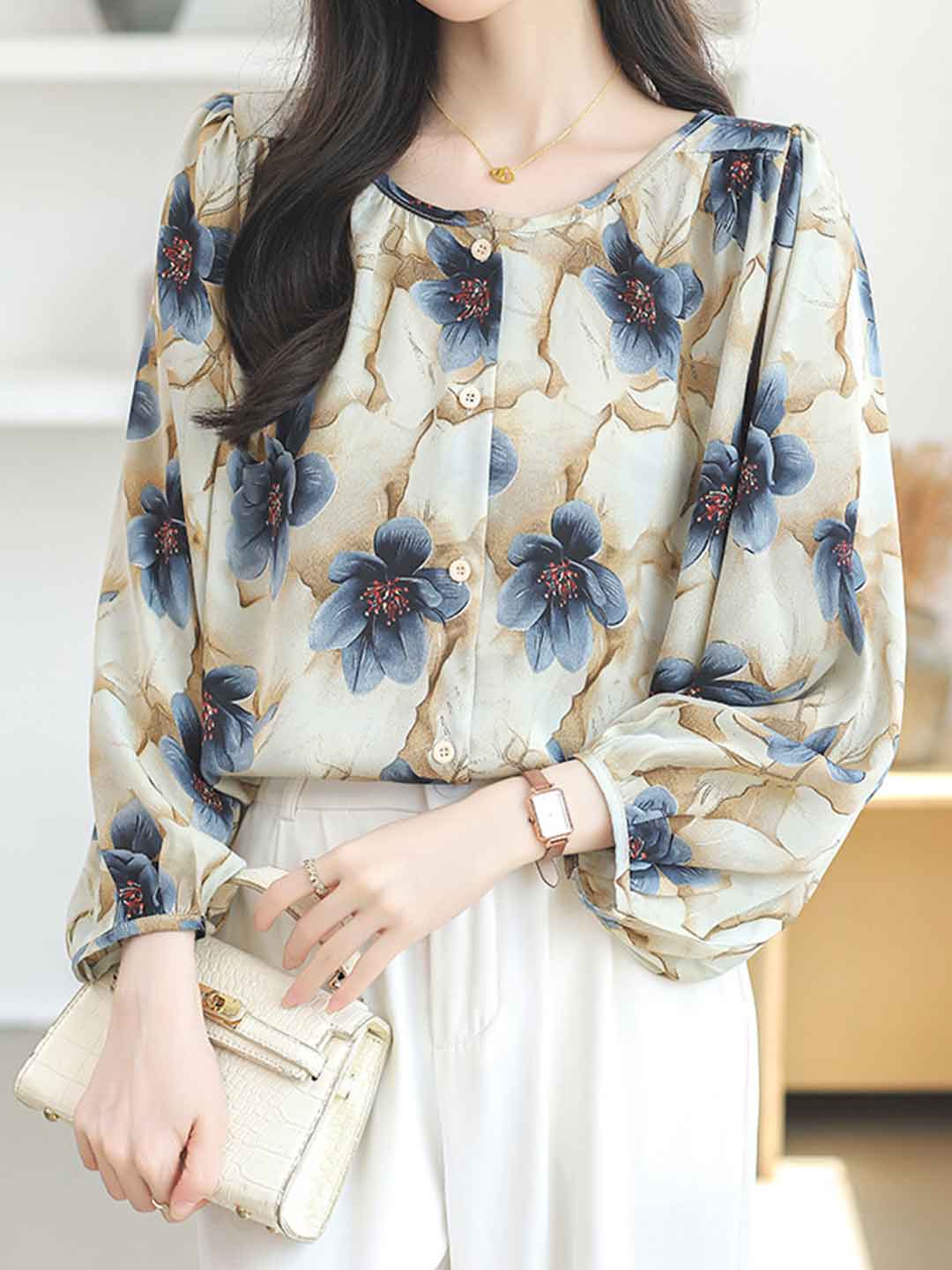 Evelyn Loose Crew Neck Printed Chiffon Top
