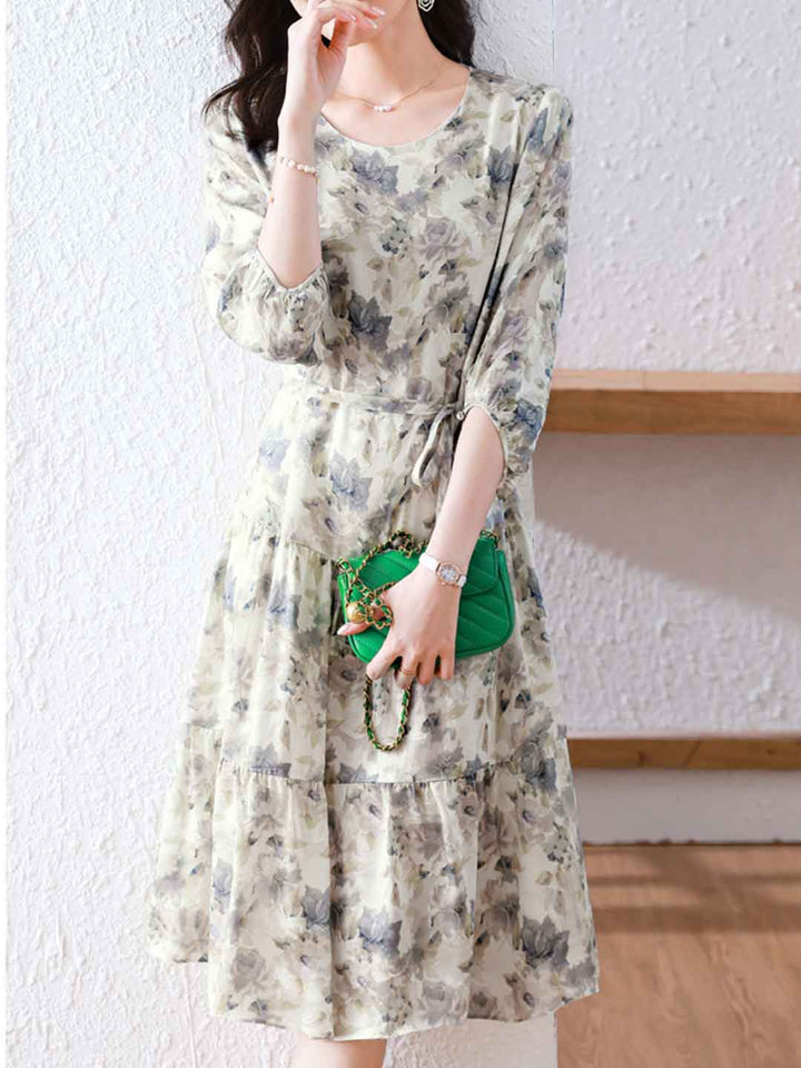 Sophia Elegant Crew Neck Printed Chiffon Dress