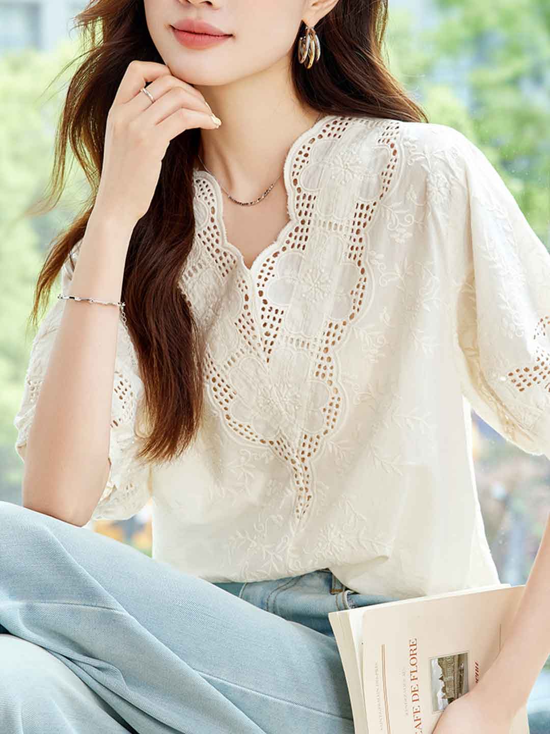 Eva Classic V-Neck Embroidered Hollowed Top