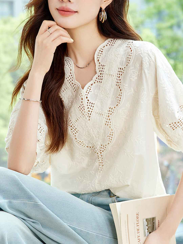 Eva Classic V-Neck Embroidered Hollowed Top