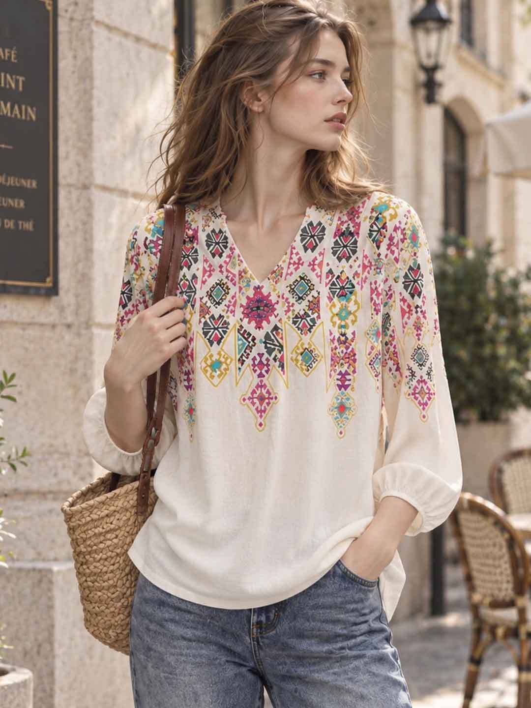 Printed V-neck Lantern-sleeve Shirt