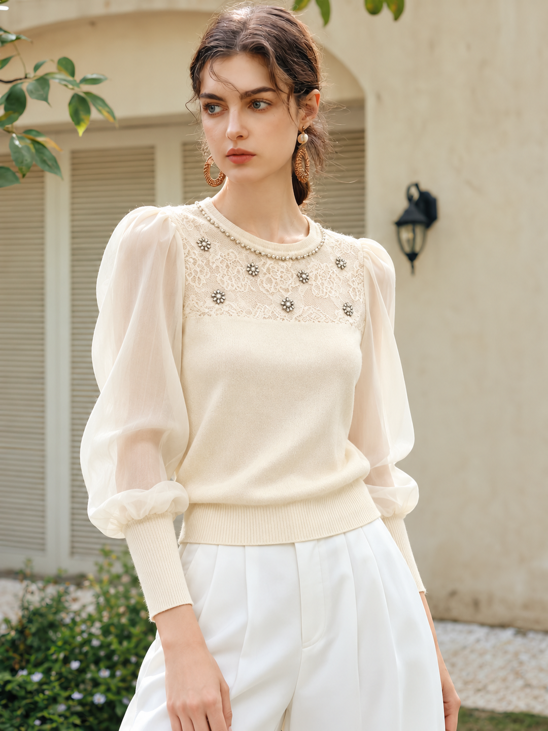 Mesh Puff-sleeve T-shirt