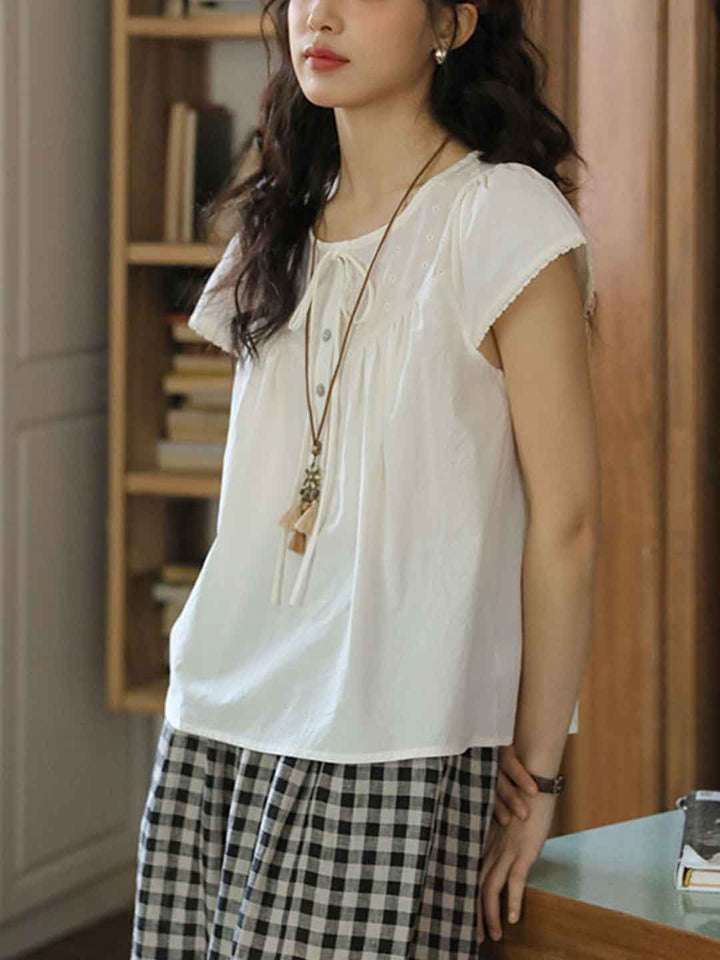 Rachel Retro Crew Neck Bow Tie Embroidered Shirt