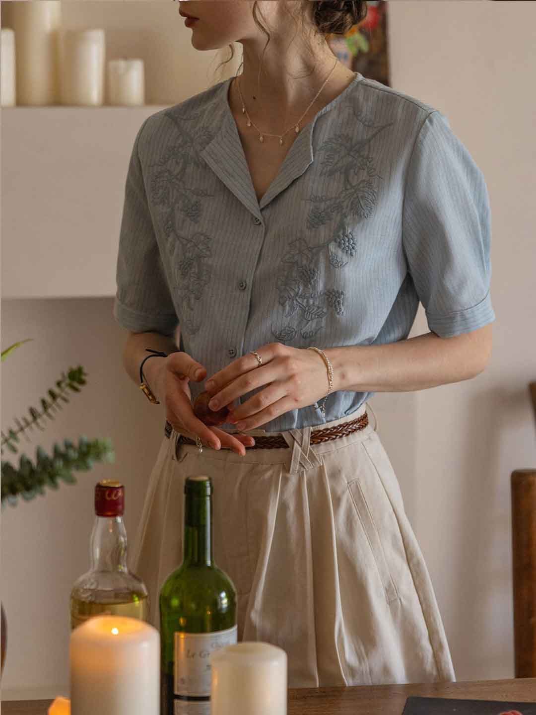 Anna Retro Lapel Embroidered Striped Top