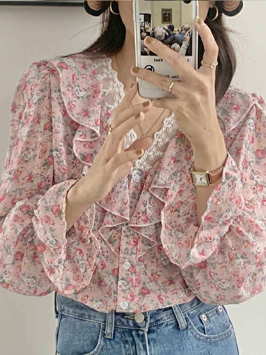 Lillian Loose V-Neck Ruffle Trim Chiffon Top