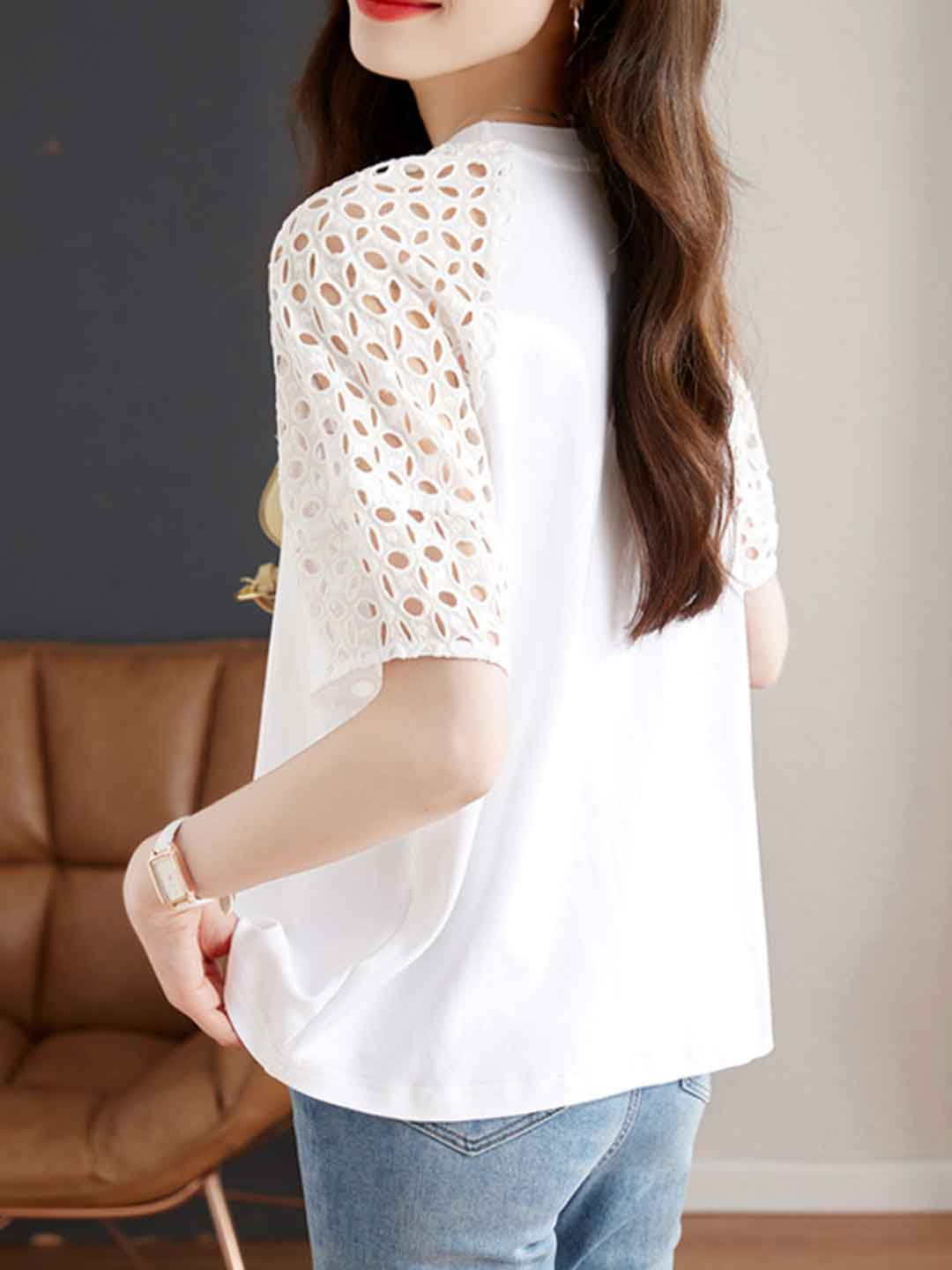 Eva Loose Crew Neck Hollowed Solid Color Top