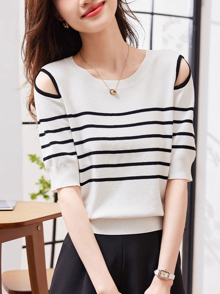 Lauren Casual Off-The-Shoulder Striped Knitted Top