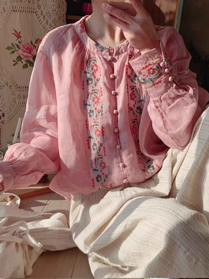 Jasmine Loose Crew Neck Lantern Sleeve Embroidered Top