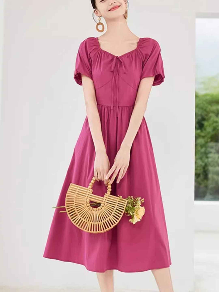 Faith Retro V-Neck Puff Sleeve Solid Color Dress
