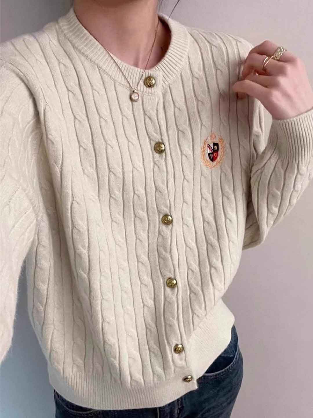 Zoey Loose Crew Neck Embroidered Knitted Cardigan