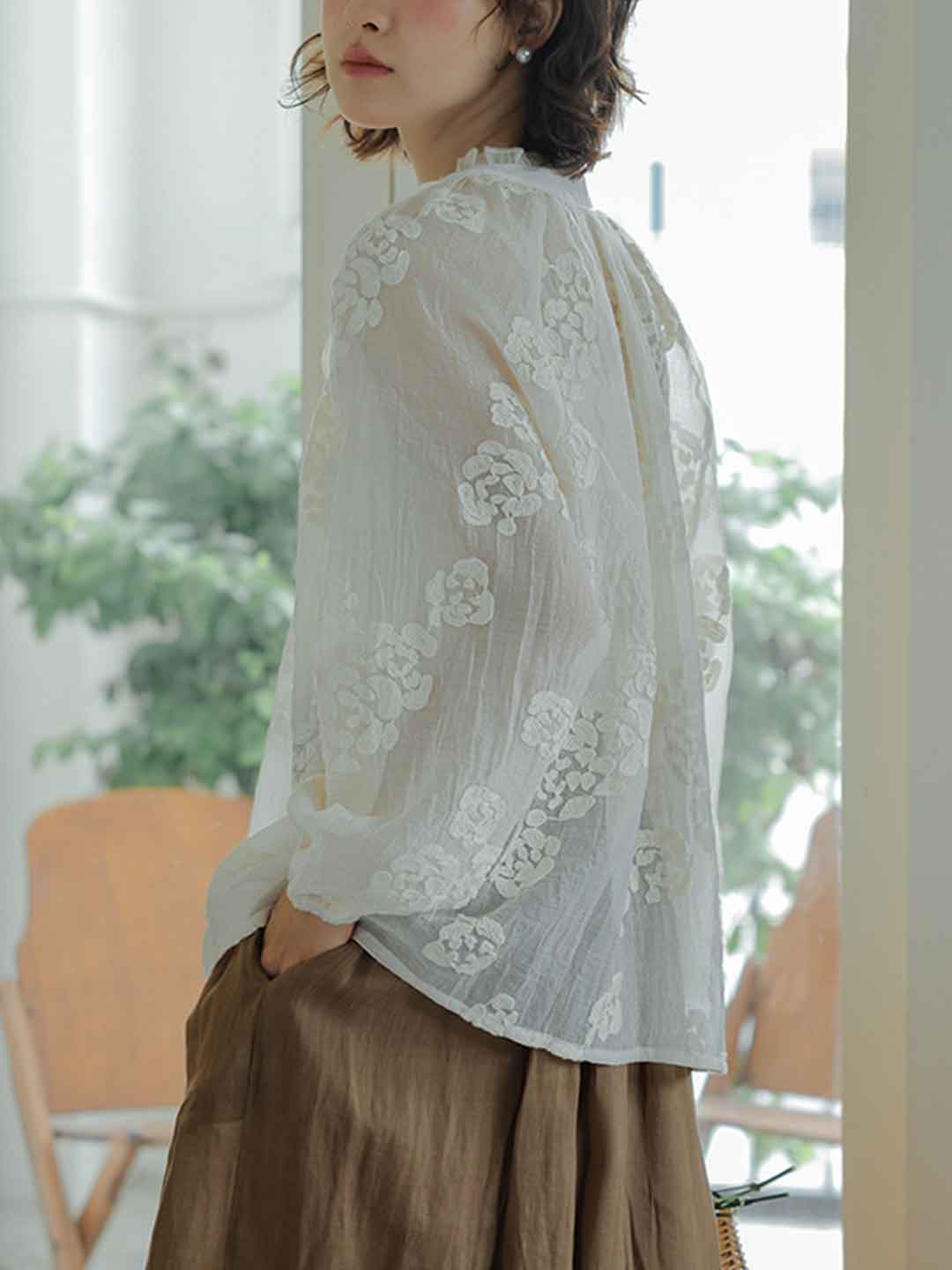 Maria Classic Crew Neck Hollowed Embroidered Lace Shirt