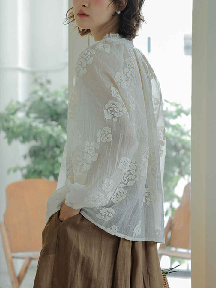 Maria Classic Crew Neck Hollowed Embroidered Lace Shirt