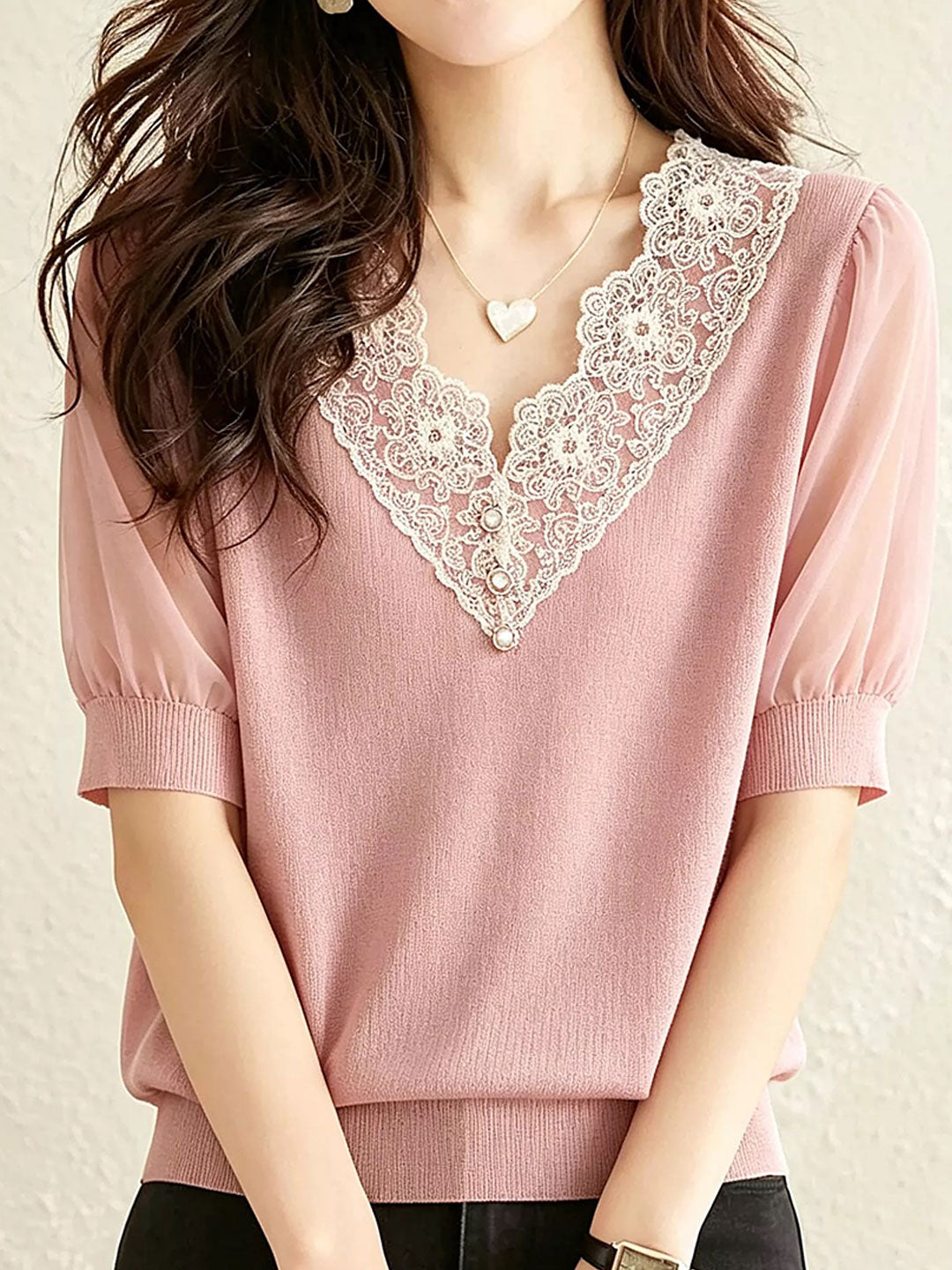Zoey Casual V-Neck Lace Trimmed Top