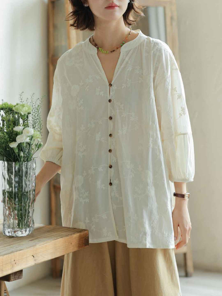 Camila Loose V-Neck Embroidered Top