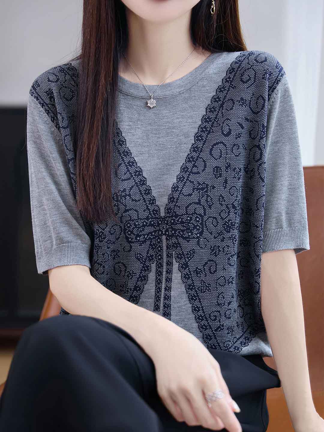 Sophie Loose Crew Neck Color-Block Jacquard Knitted Top