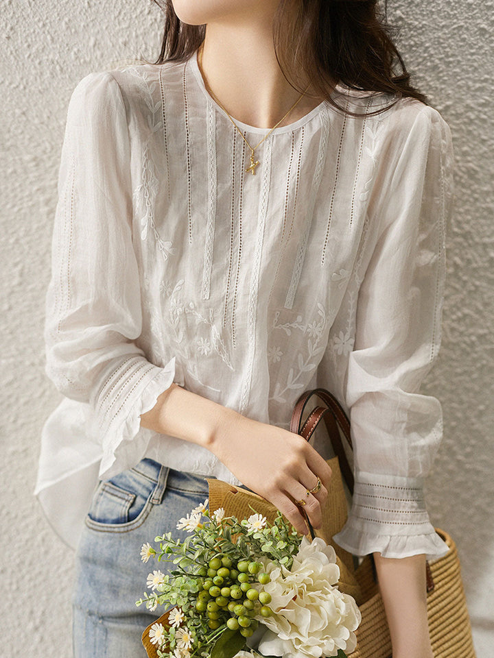 Claire Retro Crew Neck Solid Color Embroidered Hollowed Top