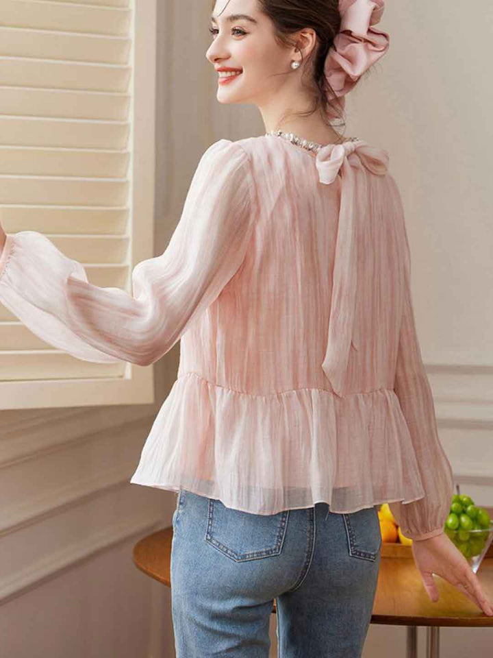 Kayla Retro Crew Neck Ruffled Textured Top