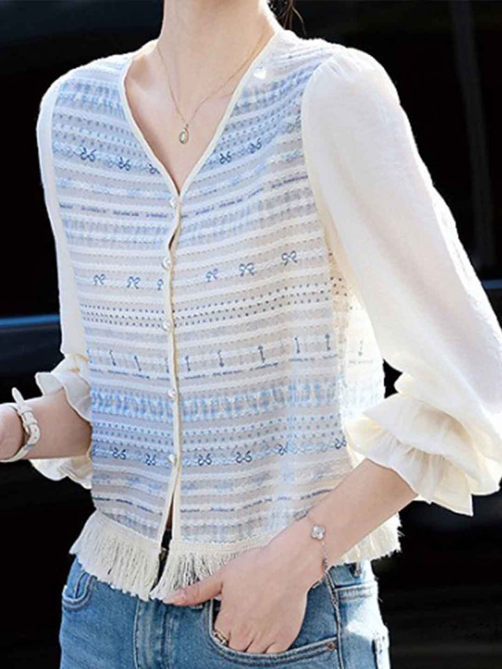 Mariah Loose V-Neck Hollowed Embroidered Chiffon Top