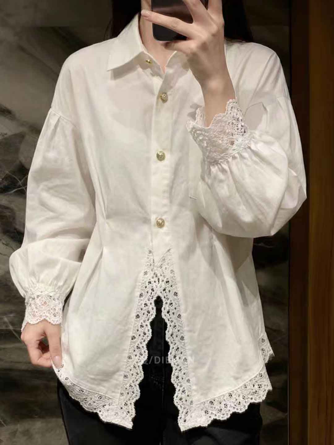 Kaylee Retro Lapel Solid Color Lace Trimmed Top