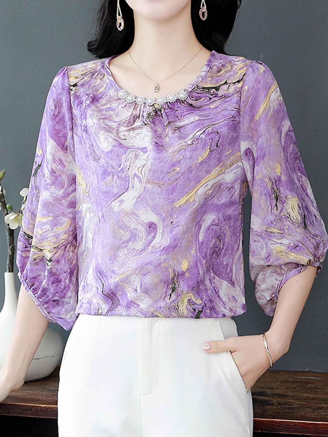 Genesis Vintage Crew Neck Beaded Chiffon Top