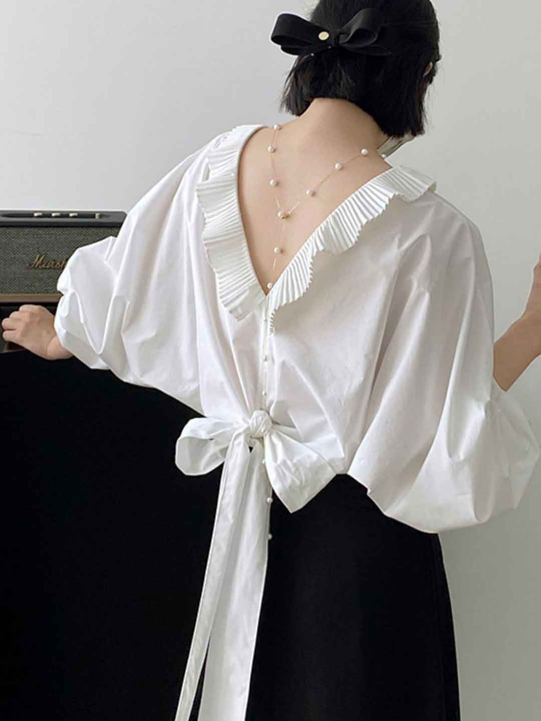 Maya Chic Crew Neck Back Bow Ruffle Tie Top