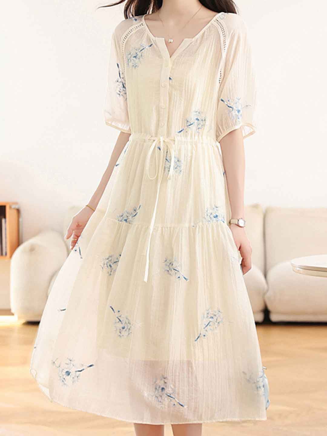 Sofia Waisted V-Neck Embroidered Dress