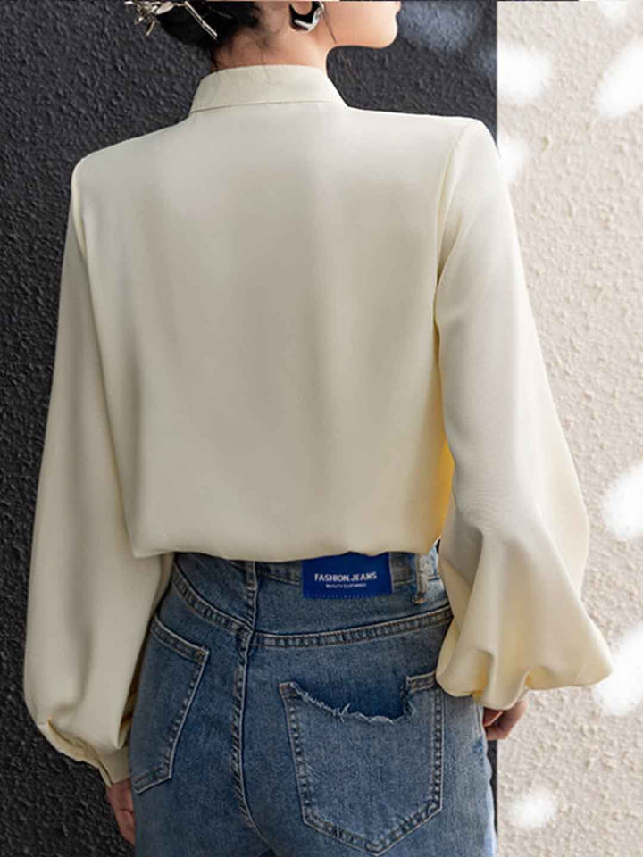 Victoria Classic Stand Collar Lantern Sleeve Embroidered Top